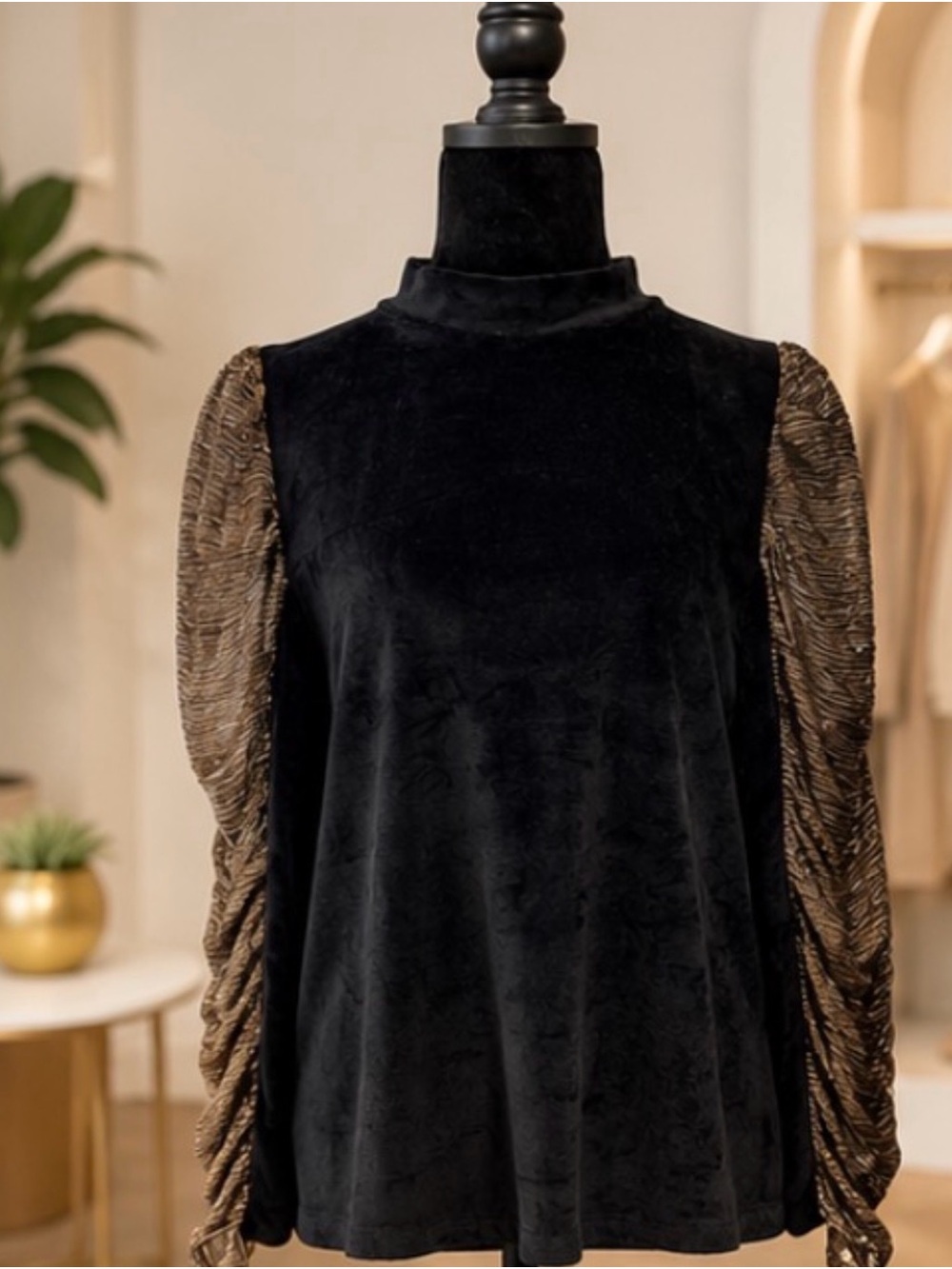 THML Black Velvet Metallic Gold Statement Sleeve Top M